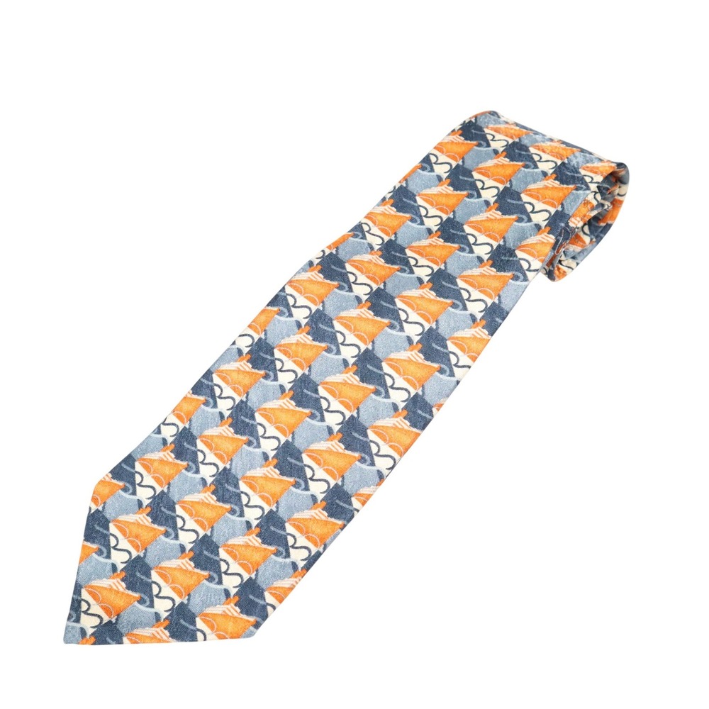 Gentleman Givenchy Paris 100% Silk Tie Orange Blue Sailboat Nautical Wave Print - Picture 1 of 5